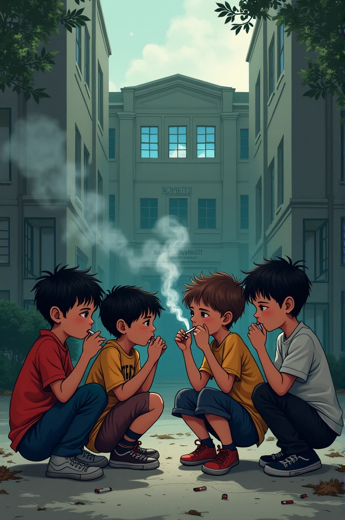 create a illustration of a kids smoking outside of the school premises 