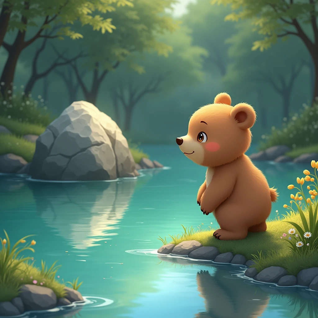 The little bear looks out over a crystal-clear river, looking curiously at a shiny stone in the background.