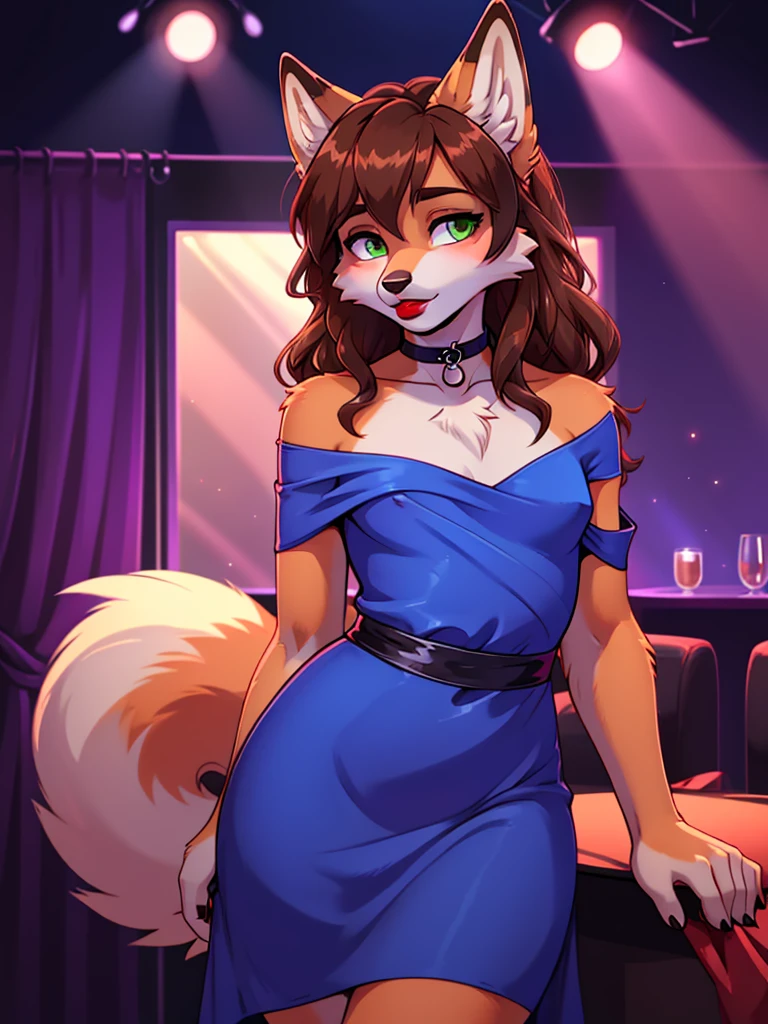 Best quality, furry male fox with green eyes, with brown long hair, with black spout, with red lipstick on lips, big lips, in a blue dress, crossdressing,  shy, with a choker around his neck, off-the-shoulder dress, flirts, sexy pose, portrait, against the backdrop of an empty nightclub