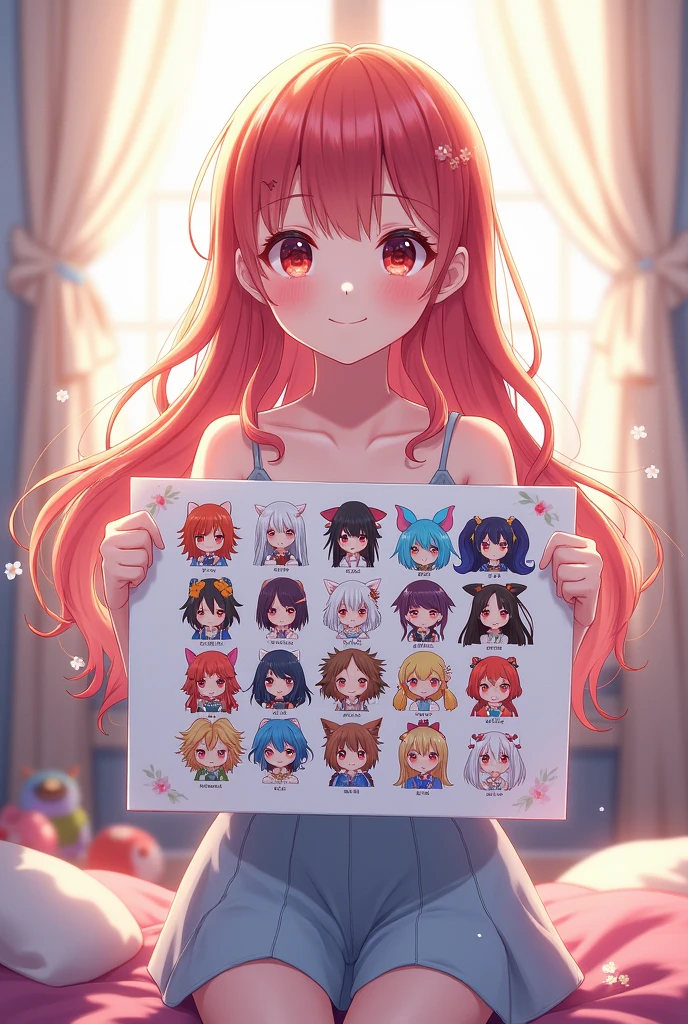 Anime girl, ((holding a poster with the inscription (( all 57 Nikki Characters )) )),