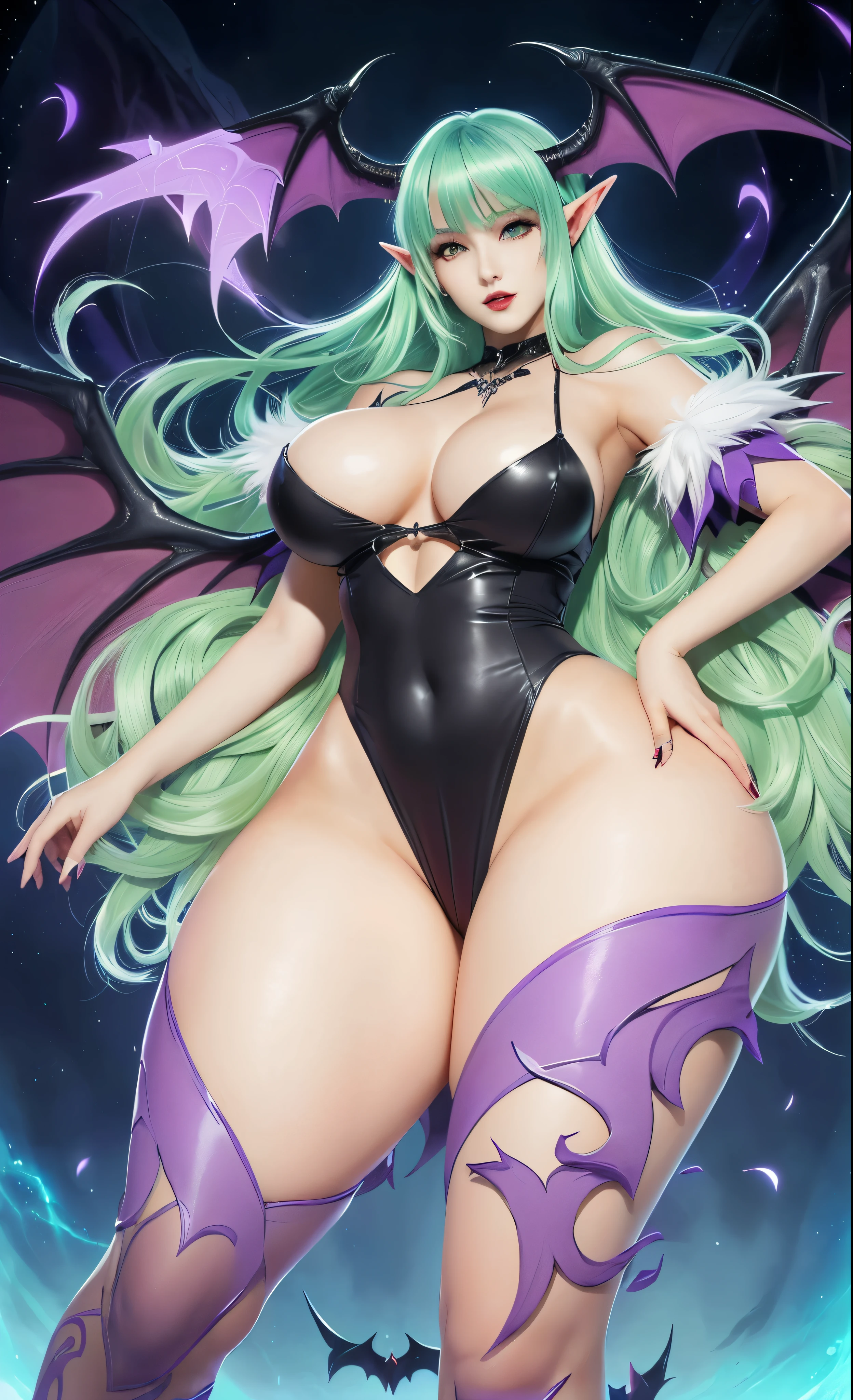 a cartoon picture of a woman in a black and purple outfit, succubus in tight short dress, morrigan aensland, morrigan, beautiful succubus, anime monster girl, thicc, succubus, v from devil may cry as an elf, monstergirl, flirty anime witch casting magic, villainess has black angel wings, extremely detailed artgerm