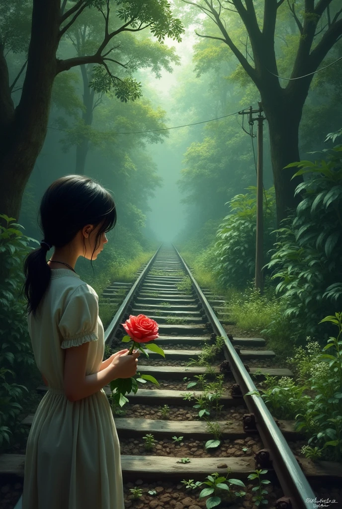 A wall where there is an art and this art is a picture of railway line gone through the jungle surrounded by lots of trees and beside this railway line,a girl is waiting holding rose