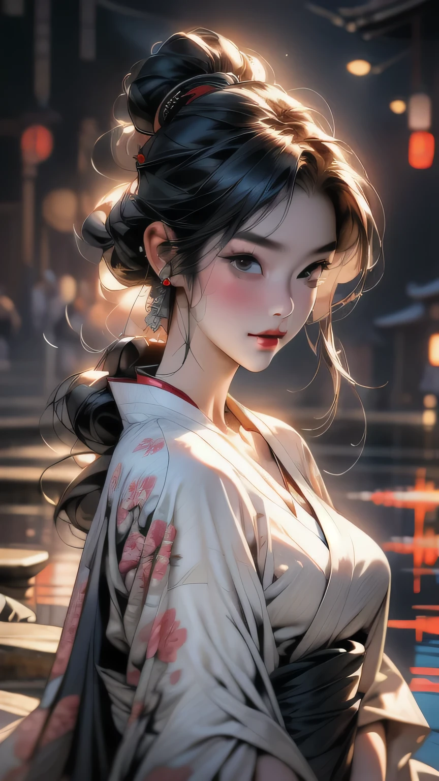 (Cinematic Light, 最high quality, 8k, masterpiece: 1.3), (The world is wonderful, Japanese Goddess, One beautiful woman in the Japan), (necklace, bracelet, anklet, Leg Ring), (Cleavage, sexly, Highly detailed breasts), (Big Tits), Årafed woman in kimono, kimono, classic kimono, kimono, Japan kimono, long beautiful flowing kimono, intricate geisha kimono, blue kimono with floral pattern, Japanese style, wearing kimono, Legs wide open, Inspired by Kano Hogai, masterpiece, 最high quality, high quality, High resolution、((Upper body portrait))、((Pause_random)),