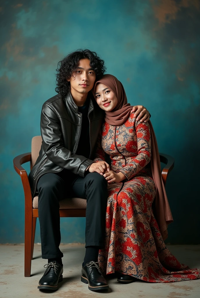 Photography of a 20 year old Asian guy with long curly hair wearing a cool jacket, trousers and shoes, hugging a 3 Indonesian mother wearing a hijab sitting on a chair wearing a cool kebaya with a cool background