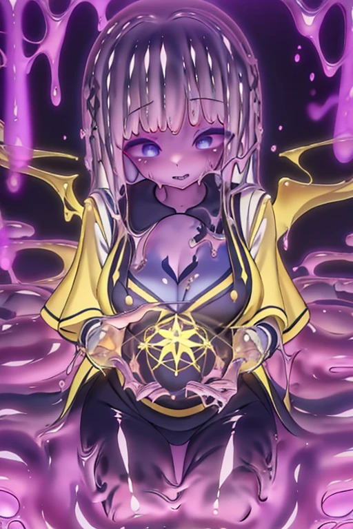 A beautiful slime girl in a school uniform, with an evil smile, surrounded by magical circles, (best quality,4k,8k,highres,masterpiece:1.2),ultra-detailed,(realistic,photorealistic,photo-realistic:1.37),beautiful detailed eyes,beautiful detailed lips,extremely detailed eyes and face,longeyelashes,detailed school uniform,glowing magic circles,cleavage,dark magic,powerful magic,mystical,dramatic lighting,cinematic