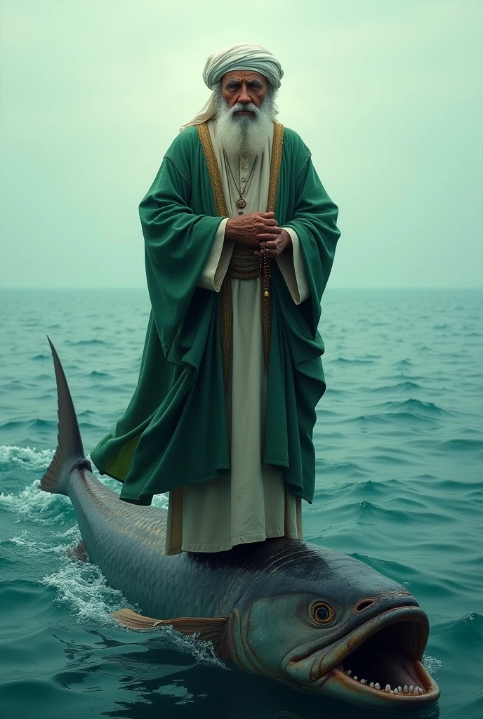 Creat a realistic image of An old man with a white turban on his head and a rosary in his hand and a green robe standing on a fish in the middle of the sea.