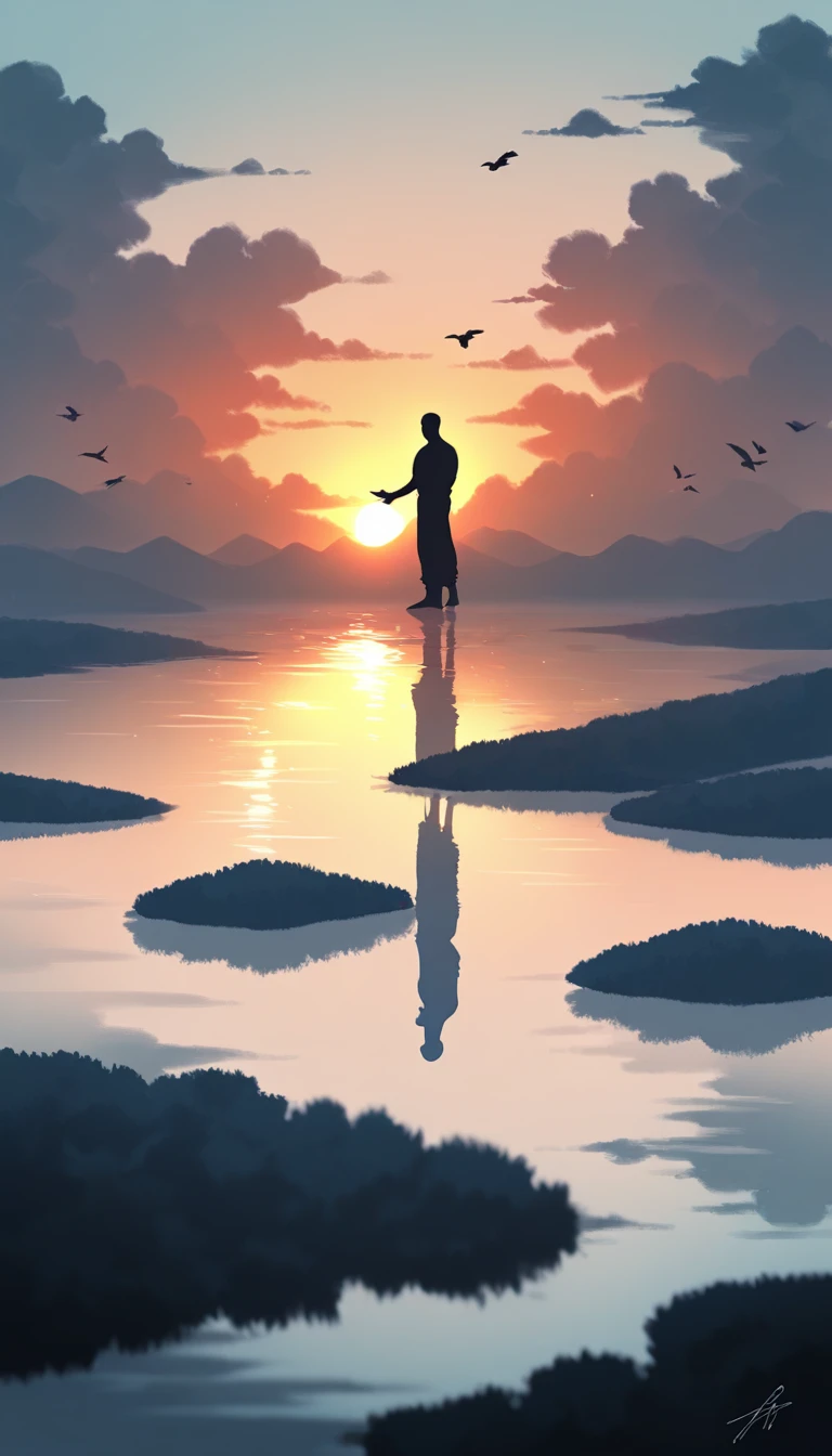 A man in a black bodysuit stands in the smoke, Priapus, Dark Black, Dark black skin, Buzz Cut, His muscles are very developed, Very tall, short hair, Blend into the smoke, Lake, Reflection, Sunset, Sunset, Bird, plum bossom, Man silhouette, Chinese, black and white, Simple style