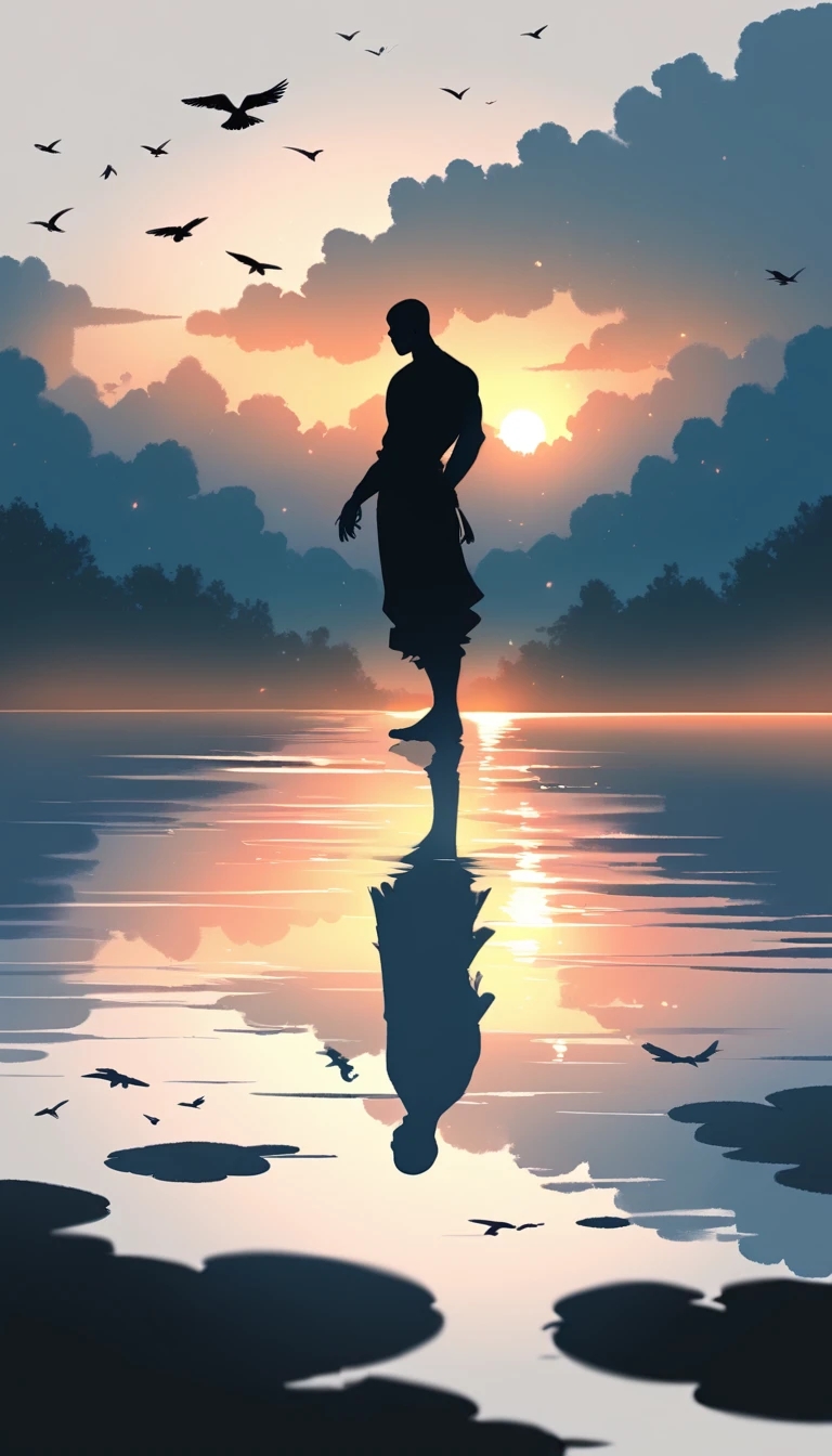 A man in a black bodysuit stands in the smoke, Priapus, Dark Black, Dark black skin, Buzz Cut, His muscles are very developed, Very tall, short hair, Blend into the smoke, Lake, Reflection, Sunset, Sunset, Bird, plum bossom, Man silhouette, Chinese, black and white, Simple style