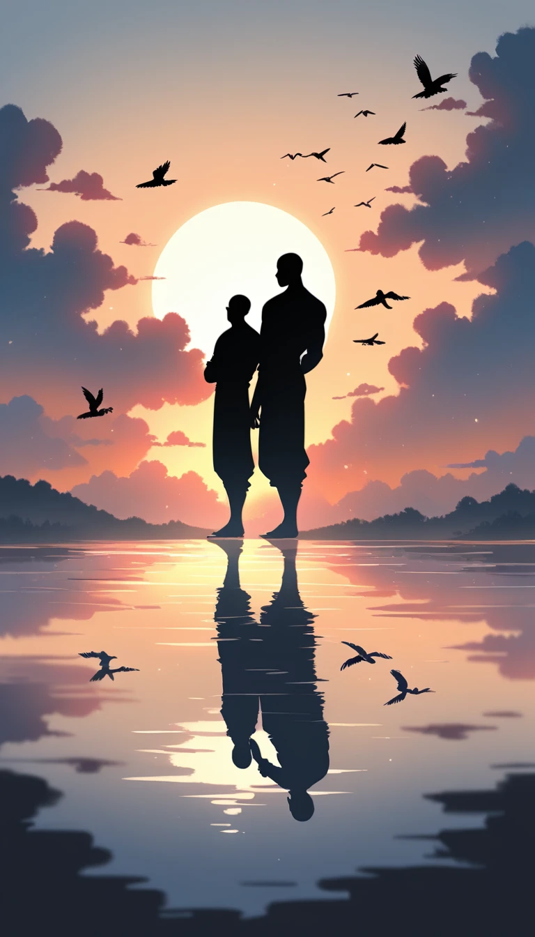 A man in a black bodysuit stands in the smoke, Priapus, Dark Black, Dark black skin, Buzz Cut, His muscles are very developed, Very tall, short hair, Blend into the smoke, Lake, Reflection, Sunset, Sunset, Bird, plum bossom, Man silhouette, Chinese, black and white, Simple style
