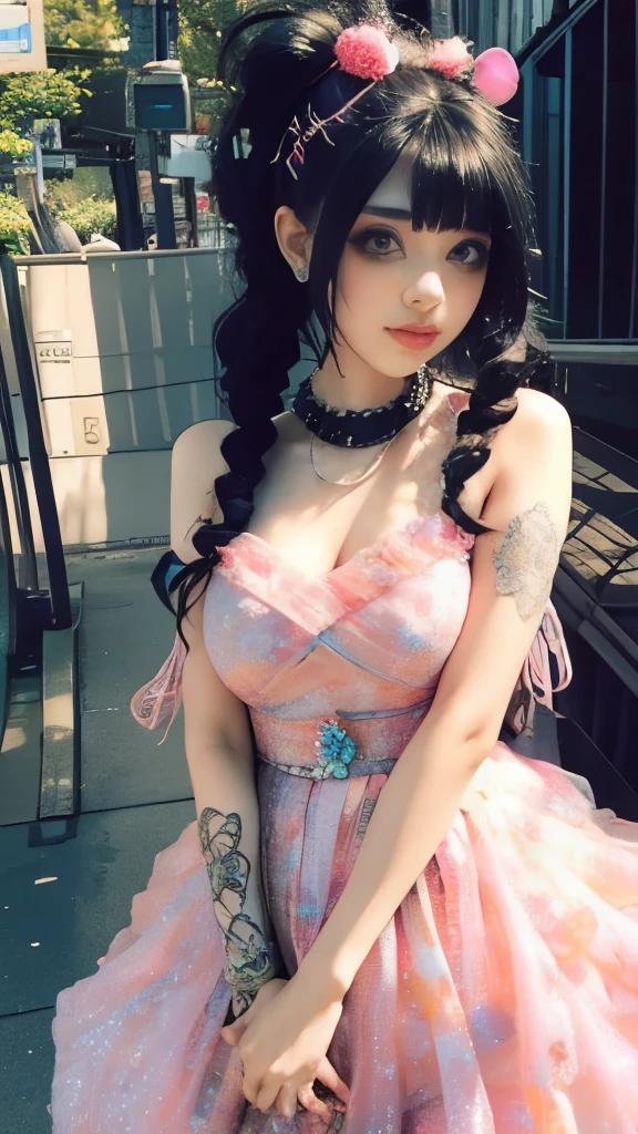 there is a woman in a pink dress posing for a picture, cybergoth, dressed in crustpunk clothing, harajuku fashion, wearing a dress made of beads, glamourous cosplay, harajuku street fashion, she looks like a mix of grimes, pastel goth, fantasy outfit, bubble goth, dollpunk, peach and goma style, y2k style