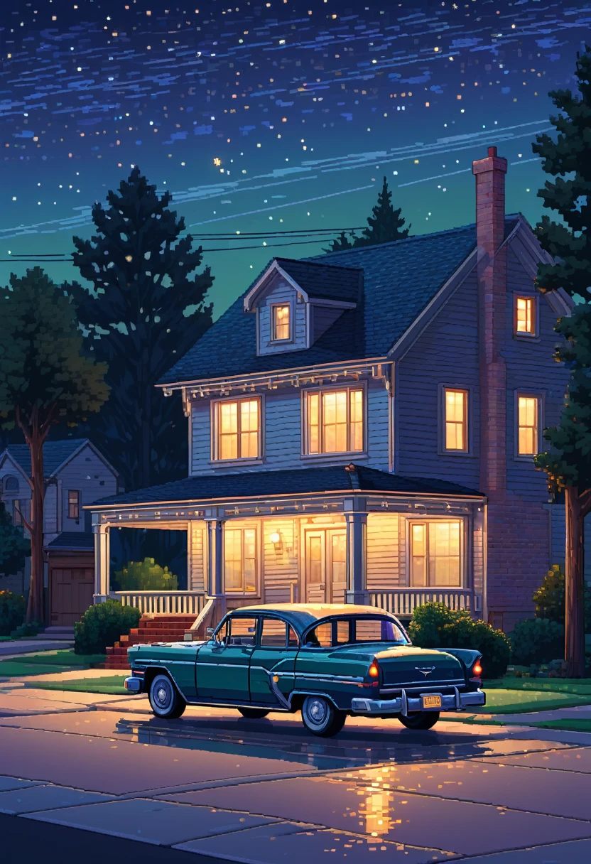 "Pixel art of a quiet suburban neighborhood street at dusk, with a vintage car parked in the driveway of a house. Warm lights glow from the windows, and a starry night sky twinkles above