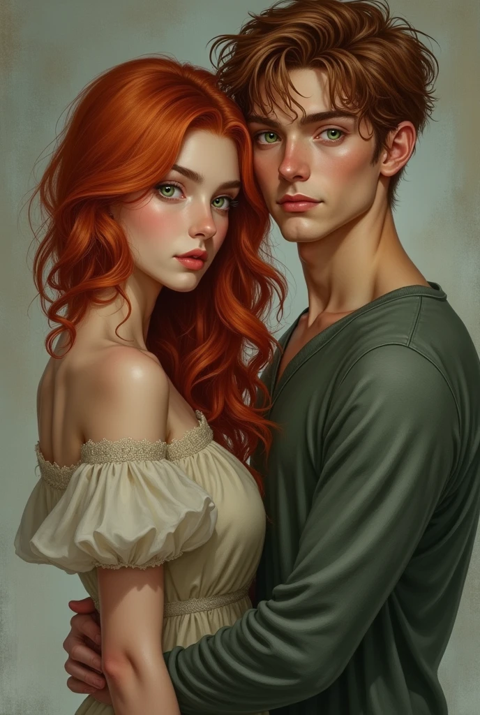 Create a tall red haired girl, skinny with a taller boy with brown hair and medium blue green eyes