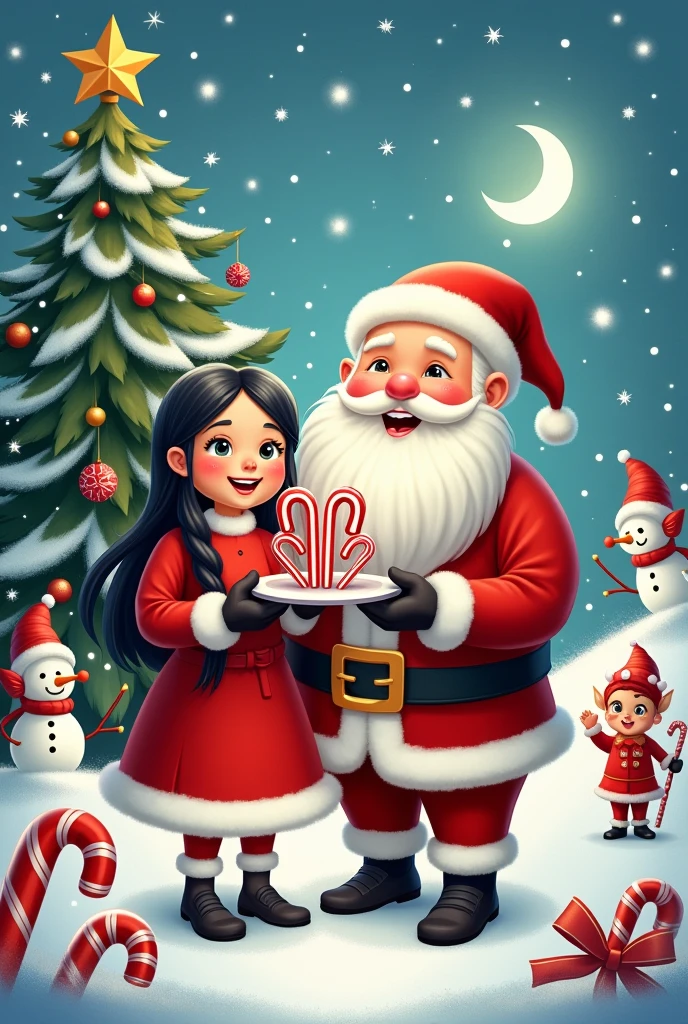 Santa Claus with his chubby wife black hair candy canes snowman snowflakes Christmas tree elves lights in colorful