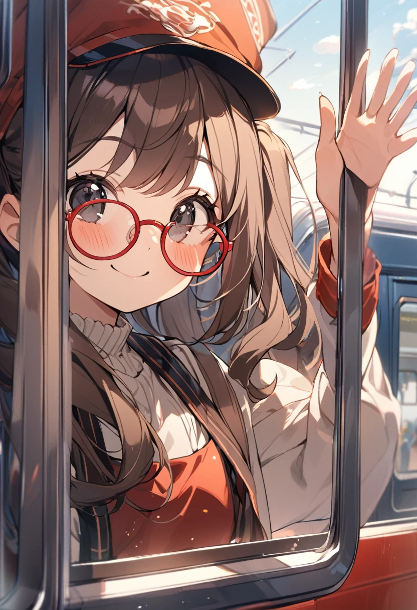 1girl,,brown hair,black eyes, red colored round eyewear, side ponytail,smile, blushful,A passenger leans out of a train window, waving goodbye as the train begins to move away from the station