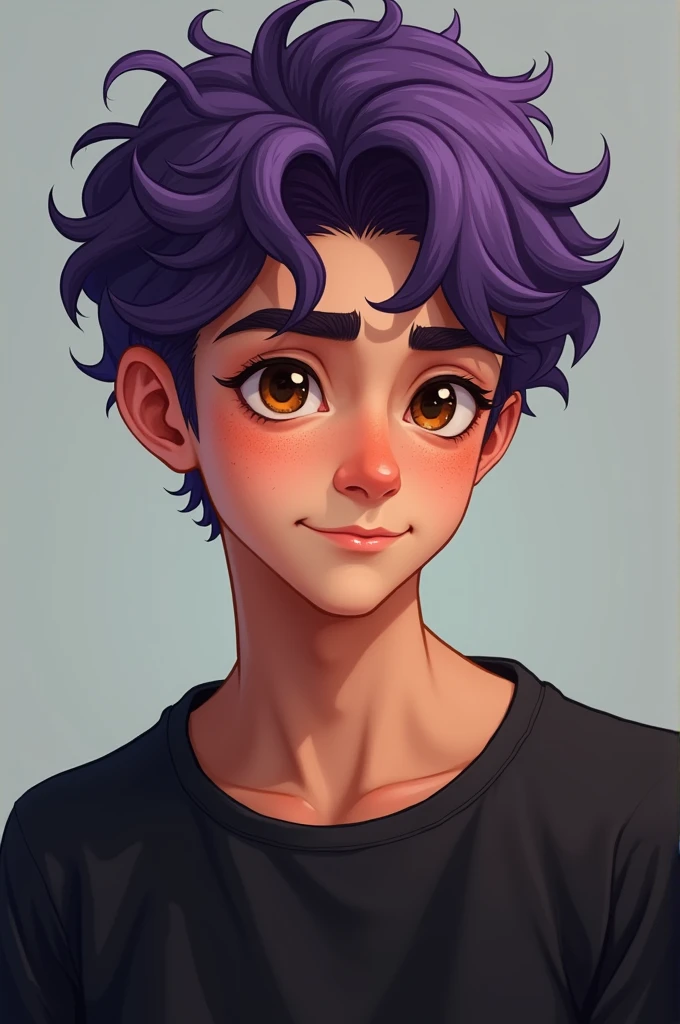 Young male teenager with curly purple hair and slightly tanned skin with amber eyes and freckles wearing a black long-sleeved shirt