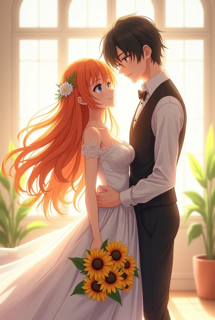 The girl with long orange hair and blue eyes wore a luxurious white off-the-shoulder wedding dress, held a wedding bouquet made from a bouquet of sunflowers, and wore a lace fabric on her head. She was standing next to a guy with slightly messy black hair, yellow eyes, cold face, wearing a vest and holding the girl's waist. The surrounding landscape is a room with lots of light and glass windows. anime characters. 4k images