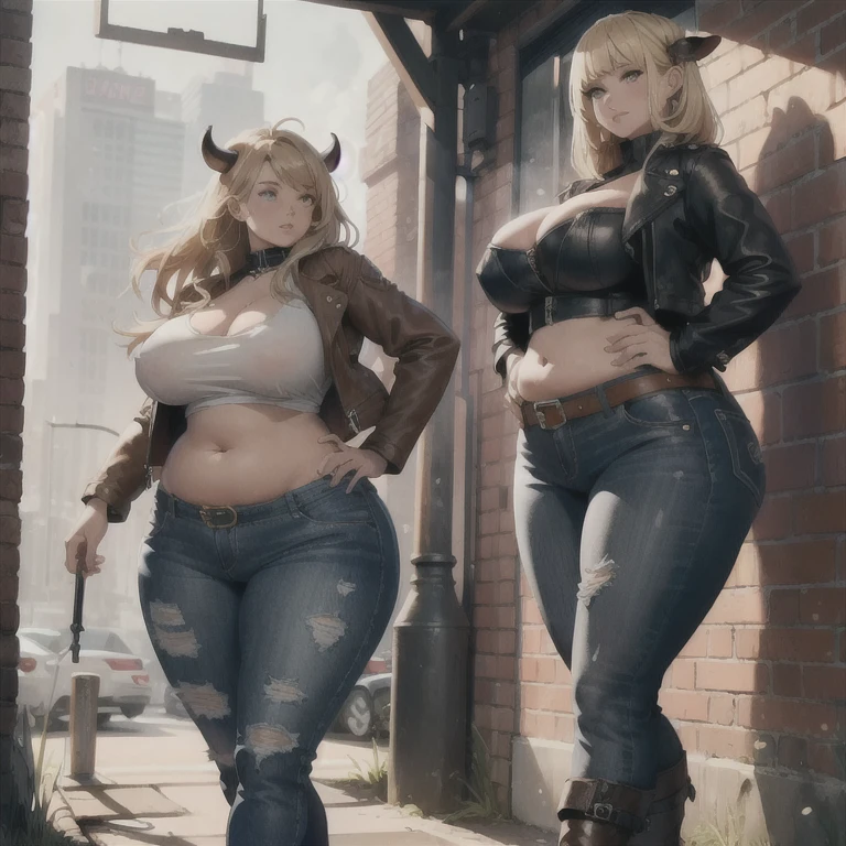 (Best quality), (high resolution), (detailed),1woman, chubby cow girl, cow woman, boots, flared jeans, brown oversized leather jacket, brown leather jacket, navy blue jeans, blonde hair, huge hips, hypersize tits