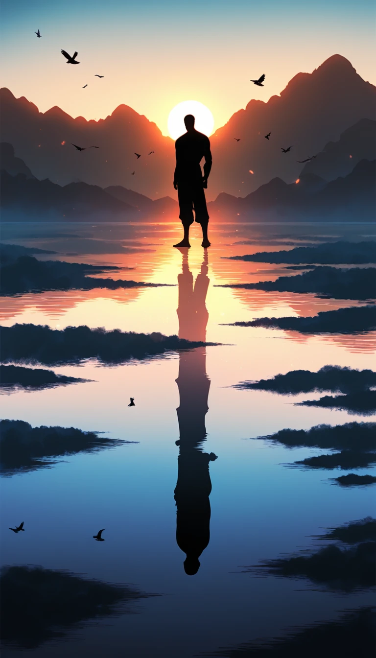A man in a black bodysuit stands in the smoke, Priapus, Dark Black, Dark black skin, Buzz Cut, His muscles are very developed, Very tall, short hair, Blend into the smoke, Lake, Reflection, Sunset, Sunset, Bird, plum bossom, Man silhouette, Chinese, black and white, Simple style