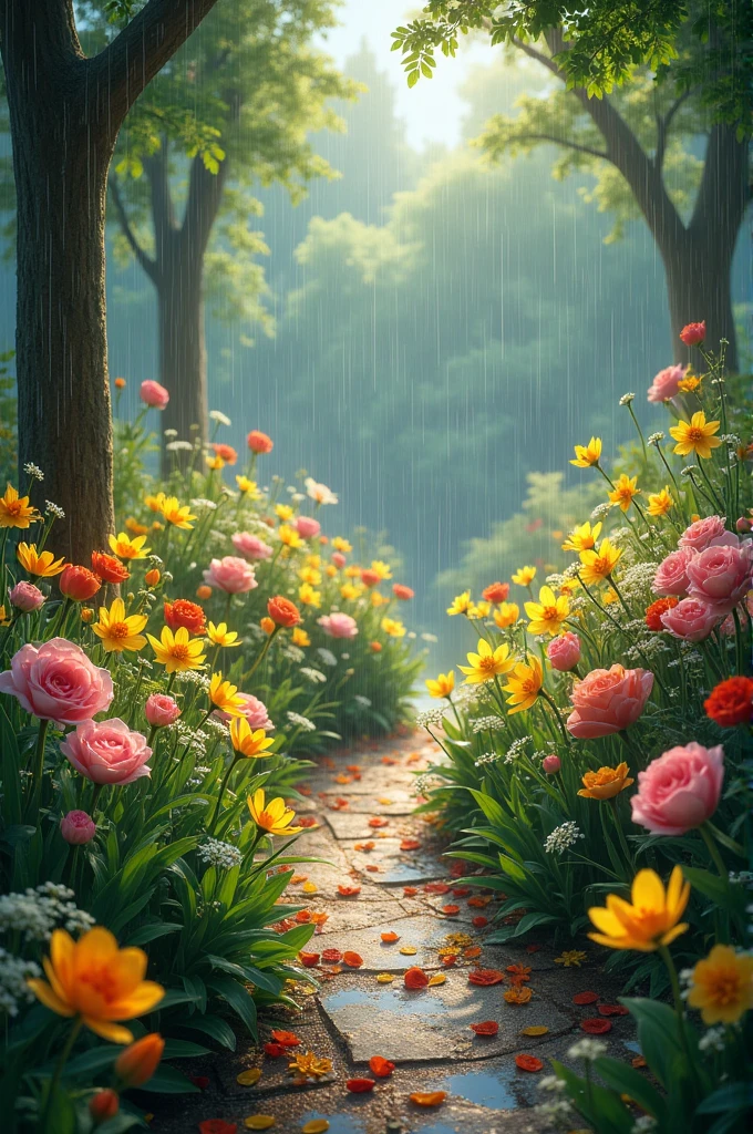 Flower garden under rain