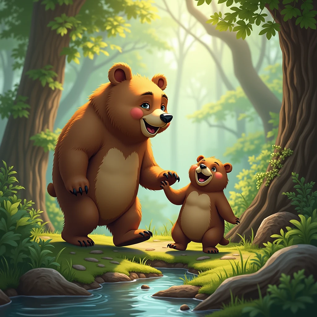 The bear and the beaver walking together through the forest, discovering new places and laughing together.