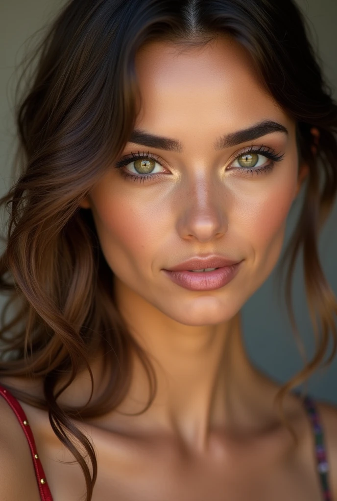 Portrait photo ultra réaliste d'une belle femme colombienne, d'environ 30-35 ans. Cheveux bruns, légèrement ondulés, yeux vert-marron clair, belle bouche naturelle, visage charismatique.
