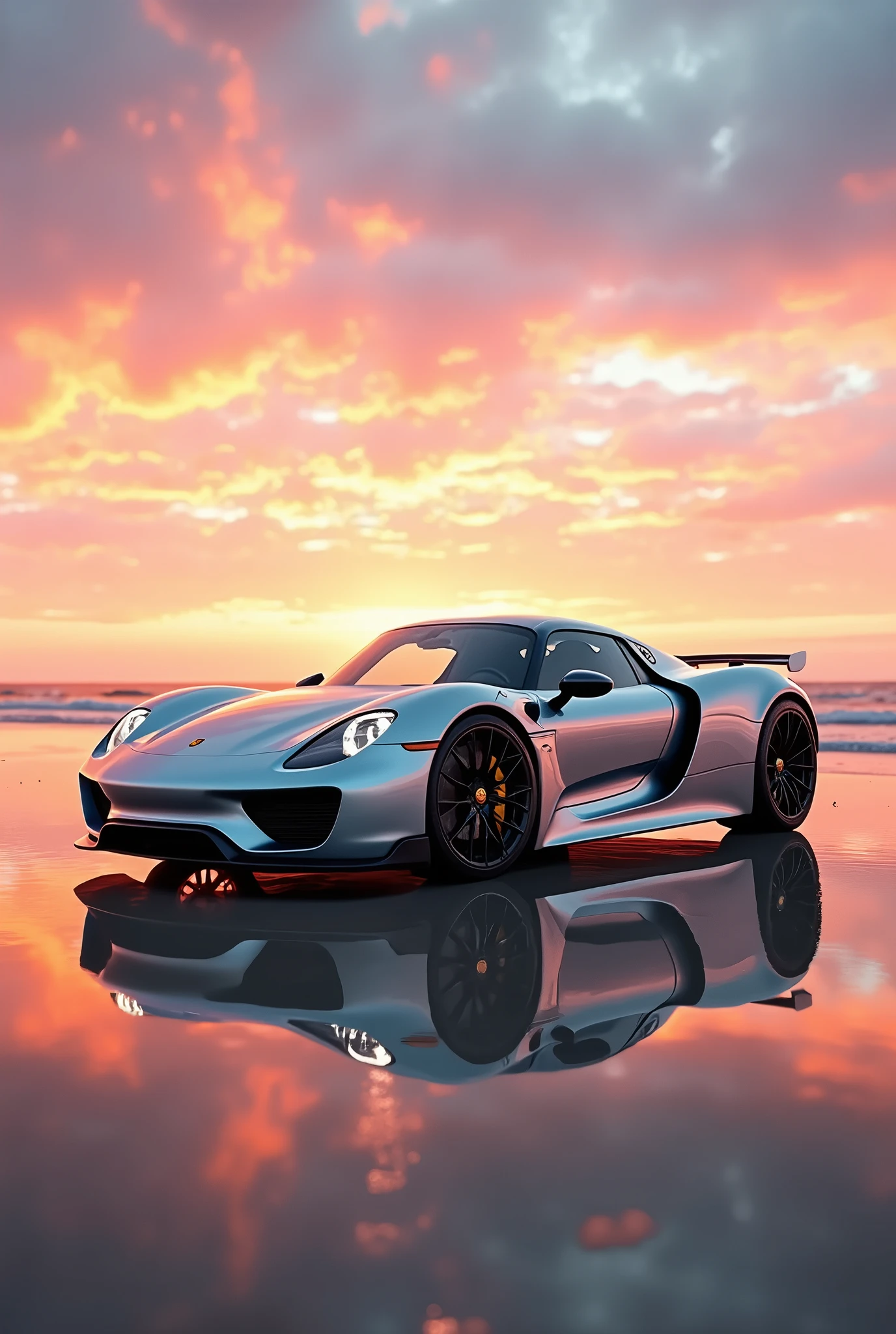 A stunning photograph of a silver Porsche 918 spyder, sitting majestically on a pristine beach with a glassy reflective surface. The reflection of the car in the sand captures the essence of its powerful design and sharp lines. The vehicle's sleek appearance is accentuated by the sharp, cast shadows on the beach. The sky above is a vibrant mix of warm oranges and pinks, mirrored in the reflection of the car, showcasing a perfect blend of speed and beauty., photo, cinematic, vibrant