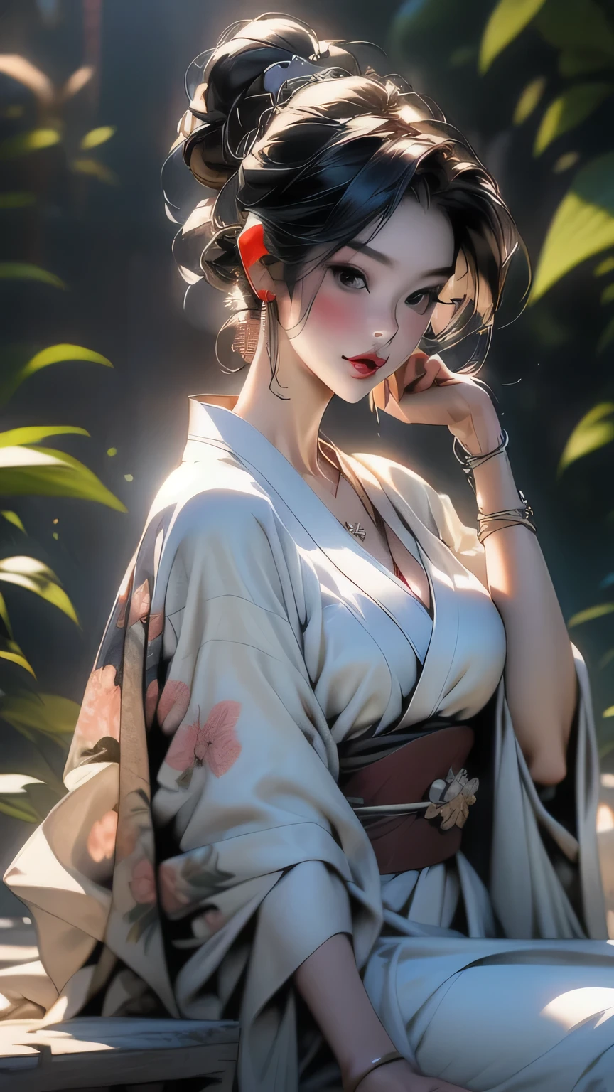 (Cinematic Light, 最high quality, 8k, masterpiece: 1.3), (The world is wonderful, Japanese Goddess, One beautiful woman in the Japan), (necklace, bracelet, anklet, Leg Ring), (Cleavage, sexly, Highly detailed breasts), (Big Tits), Årafed woman in kimono, kimono, classic kimono, kimono, Japan kimono, long beautiful flowing kimono, intricate geisha kimono, blue kimono with floral pattern, Japanese style, wearing kimono, Legs wide open, Inspired by Kano Hogai, masterpiece, 最high quality, high quality, High resolution、((Upper body portrait))、((Pause_random)), Sit down and open your legs