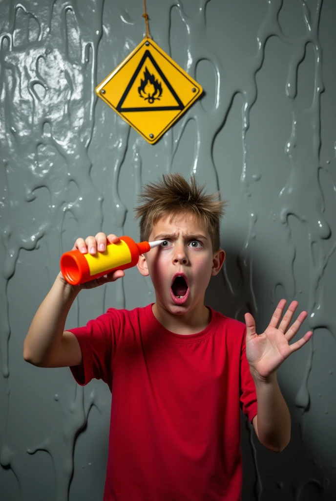 Person:
A yang boy in the image has his face shoked and afraid seen ito front.He are wearing a red shirt.He have hair. His left arm is raised, He carry a super glue and droping on his eye .The right hand is open and facing forward, making a stopping gesture.
Background:
The background is a grey glue textured wall with so much Glue.
Warning Sign:
There is a yellow warning sign with black borders and text on the wall.The sign includes symbols indicating no Glue or open flames are not allowed.
The image seems to convey a strong message,
