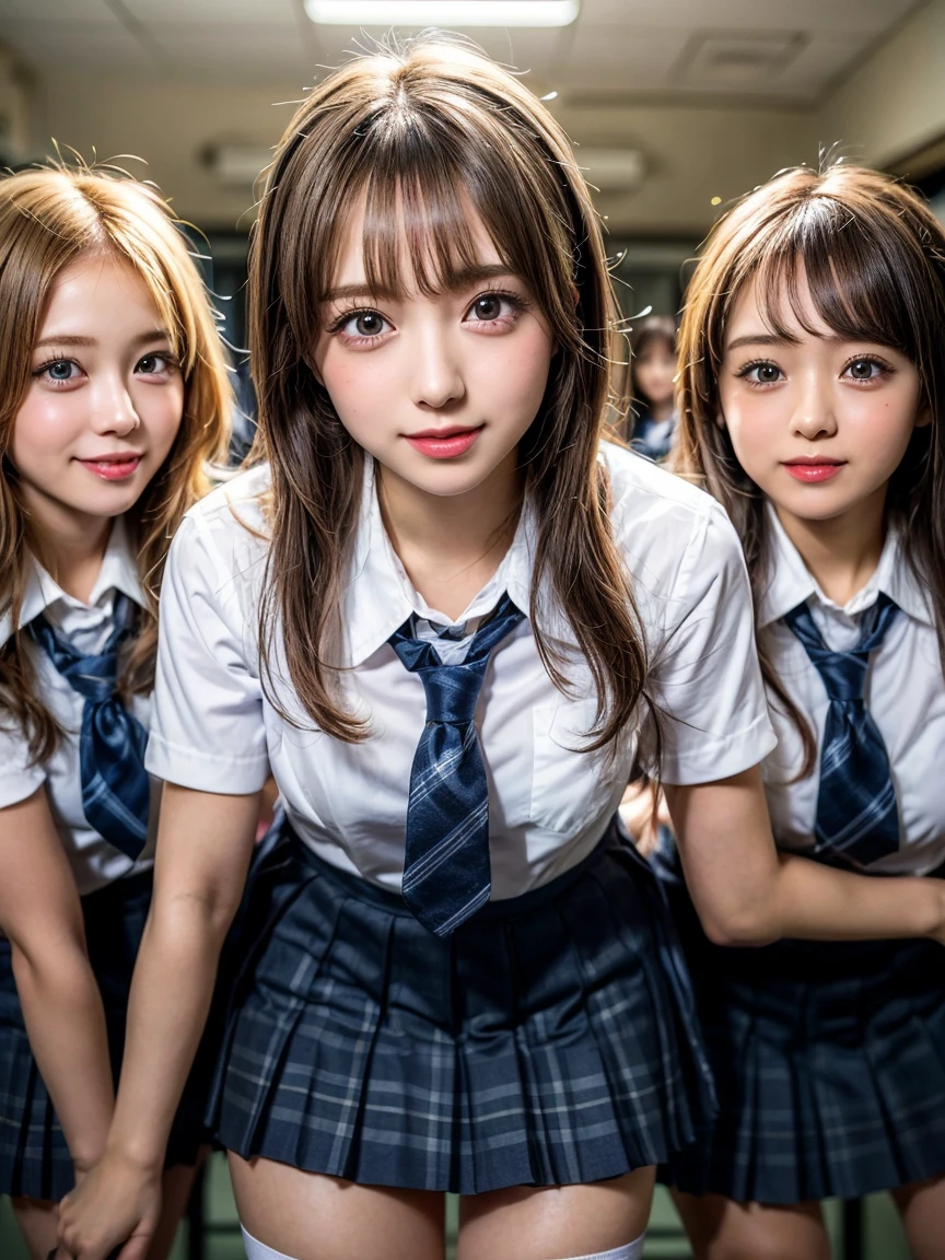Browsing Caution, ((masterpiece)), ((Highest quality)), (Very detailedな), ((cute)), cute, (Multi-point), ((sexy)), (device), ((Very detailed)), 4K, (8k), Highest quality, (beautiful), hyper cute face, shape, Anime Style,hyper Genuineistic, Genuine, Dynamic Angle, ((whole body)), close, Thick outline, Clear contours, at school, (Three Girls, 3 cute girls:1.5), (Schoolgirl Uniform :1.5), beautiful light brown hair, beautiful brown eyes, ((beautiful eyes)), (Leaning forward:1.5), (Under the skirt:1.5), short hair, Big Breasts,chest emphasis、smile