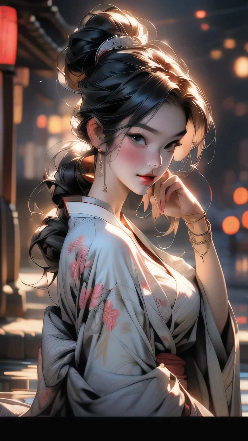 (Cinematic Light, 最high quality, 8k, masterpiece: 1.3), (The world is wonderful, Japanese Goddess, One beautiful woman in the Japan), (necklace, bracelet, anklet, Leg Ring), (Cleavage, sexly, Highly detailed breasts), (Big Tits), Årafed woman in kimono, kimono, classic kimono, kimono, Japan kimono, long beautiful flowing kimono, intricate geisha kimono, blue kimono with floral pattern, Japanese style, wearing kimono, Legs wide open, Inspired by Kano Hogai, masterpiece, 最high quality, high quality, High resolution、((Upper body portrait))、((Pause_random)), Sit down and open your legs
