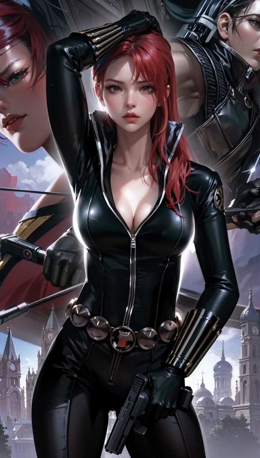 The image features a girl with long, bright red hair, dressed in a sleek skin-tight shiny black latex bodysuit with a deep-cut zipper neckline revealing a large chest, the silver zipper running down the front. The suit is complemented by her iron wrist guard on both wrists and a belt made of silver circles around her waist. She holds a gun in each hand in a ready position, while her other hand is touching her hair. Placed against a dark city backdrop, the scene includes buildings and might contain elements resembling a clock tower, suggesting an urban setting. This composition is emblematic of a superhero genre, highlighting central and ancillary characters, with an overtone of action and vigilance.