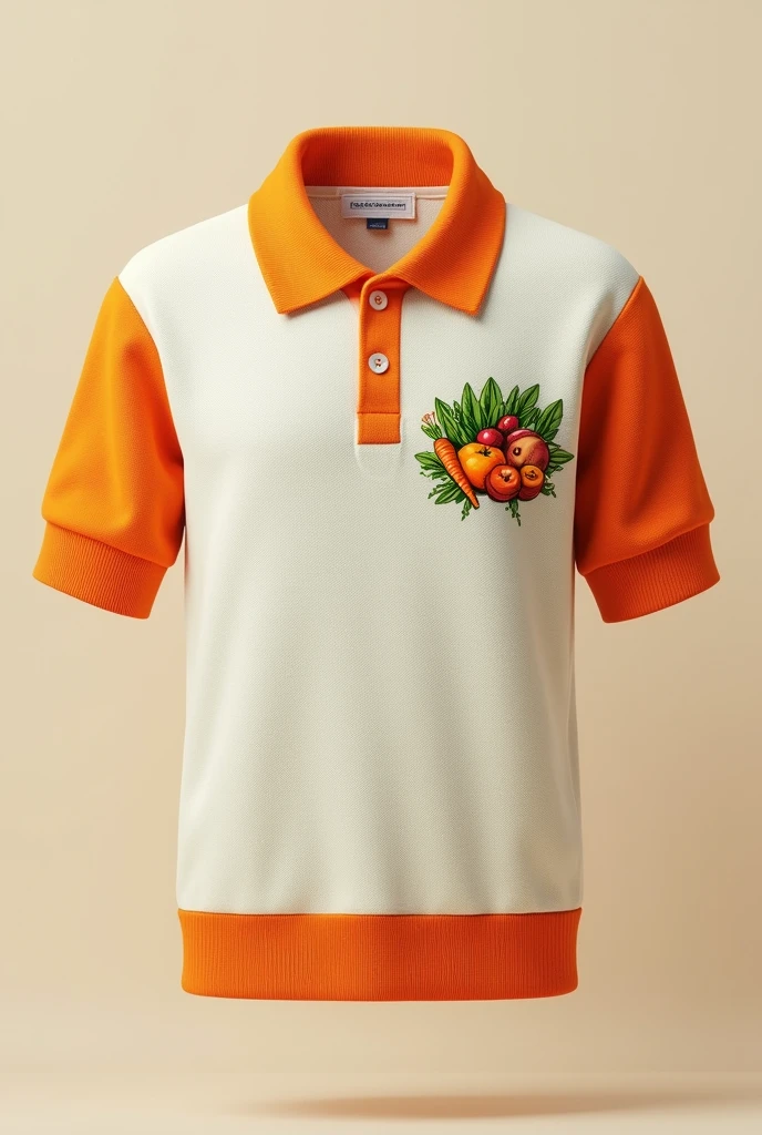 Create me a picture of a short sleeve polo sweater, with orange edges on the neck, with a logo on the top left that says surtyfruver el Sucreño and that has some fruits and vegetables.