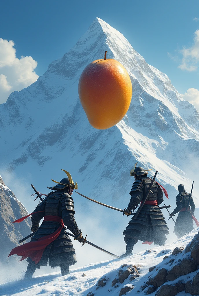 Samurai and ninjas fighting for a pice of mango on mount Everest  