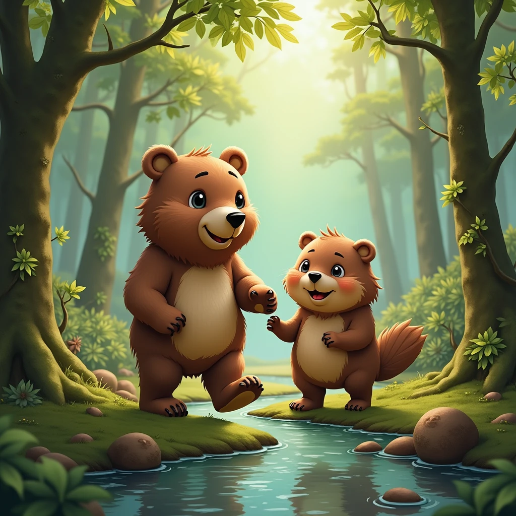 The bear and the beaver walking together through the forest, discovering new places and laughing together.