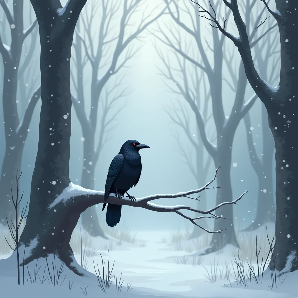 Snowy forest with a crow
