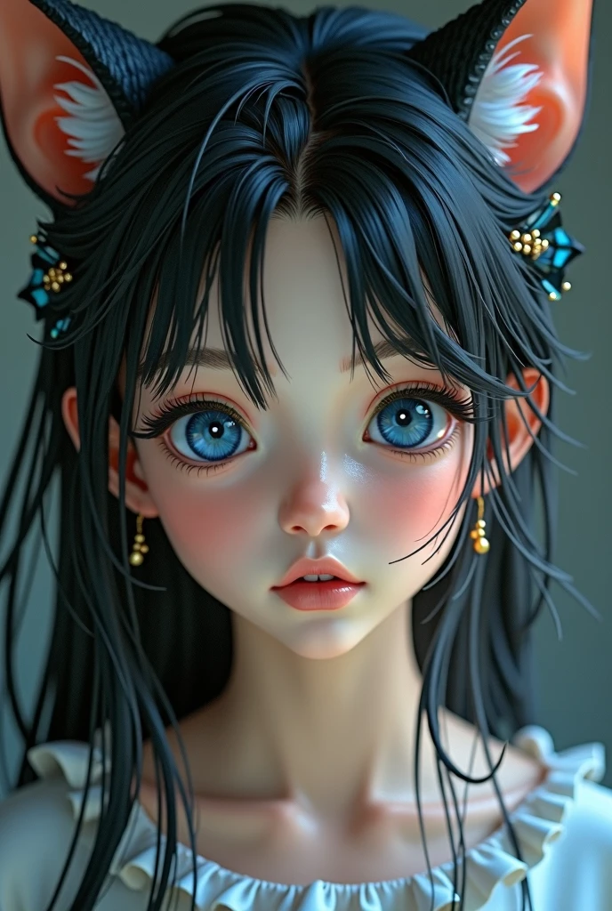 1 girl, Blue eyes, animal ears, earrings, pointy ears,