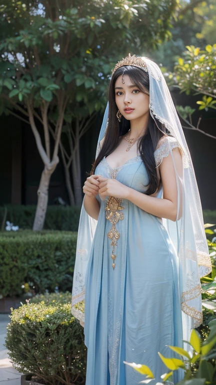 Front view , ((Full-body, standing on garden), a Persian ancient girl, looking at viewer, exotic Persian girl is 20 years old, (Black hair ,long hair, Brown eye, (Her eyes were outlined with kohl:1.3) , little Lips, serious, head band jewel), (big breasts, wide hip), (She wore a knee-length light blue gorgeous design gown adorned with intricate embroidery, complemented by gold bangles and necklaces. A second, longer shawl covered her head and shoulders, framing her face like a white see-through veil), ((Surrealism, Verism, UHD, retina, masterpiece, anatomically correct, accurate, textured skin, super detail, high details, high quality, best quality, highres, 8k))