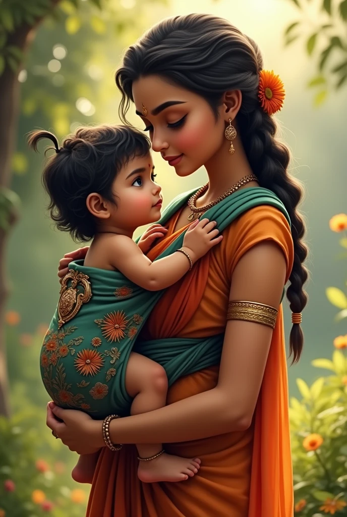 A heartwarming image of Yashoda and Krishna, the divine child, sharing a special moment. Yashoda holds Krishna securely in a stylish buckle baby carrier, with Krishna facing forward and taking in his surroundings