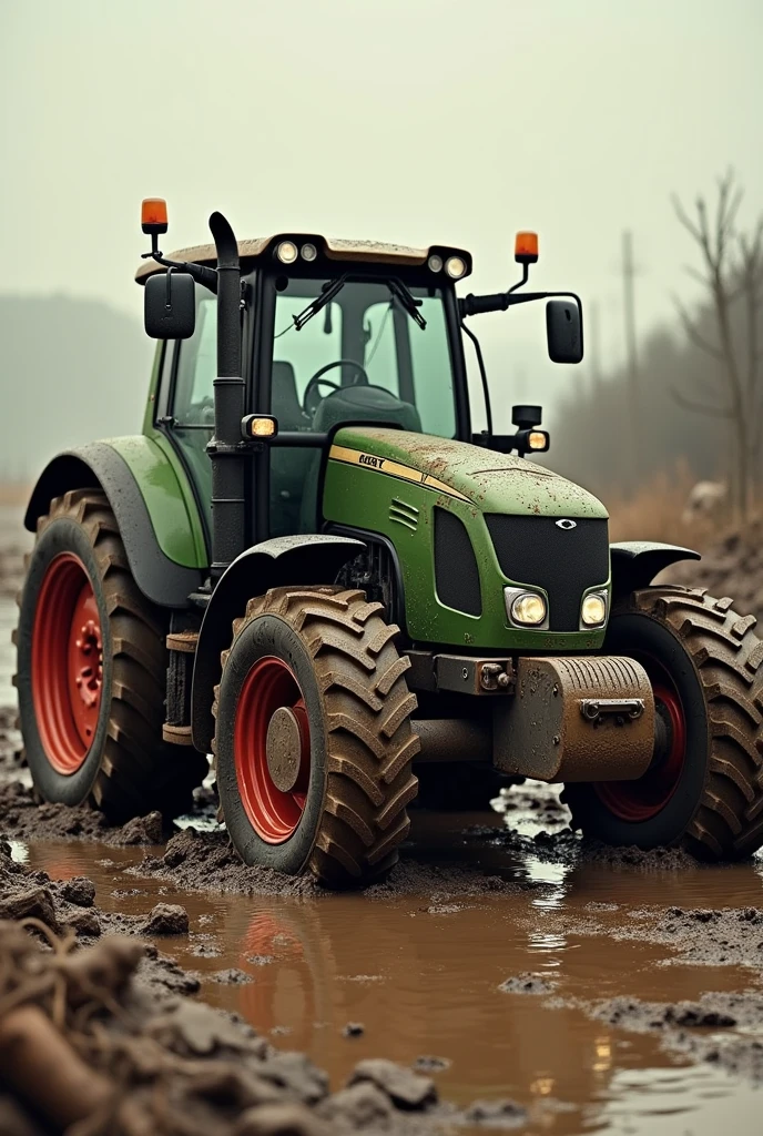 Tractor pulling Bolero car out of mud photo