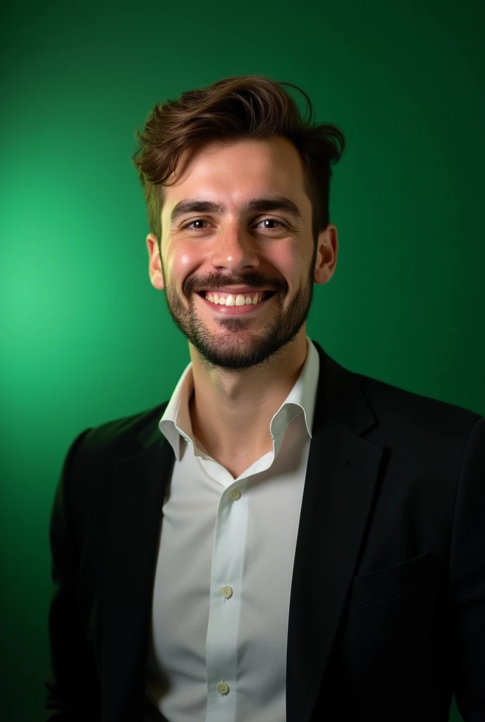 A young man dressed in a black blazer over a white shirts light beard green colored backdrop for passport size picture. There is subtle lighting on the left side of the image, adding a touch of contrast. The overall atmosphere is professional yet approachable, with the man exuding confidence and readiness.