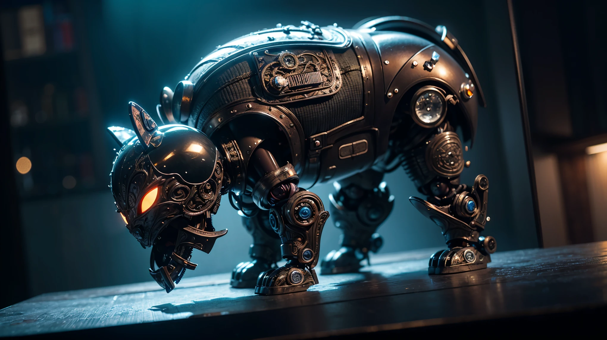 Cute metal puppy, robot, Cyberpunk Style, ((Intricate details)), High resolution, ((Intricate details, Very detailed)), Cinematic shots, Vignette