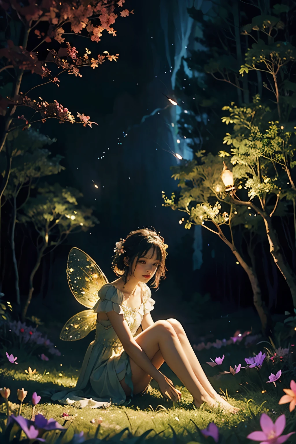 Beautiful fairy, surrounded by fireflies, ethereal and dreamy atmosphere