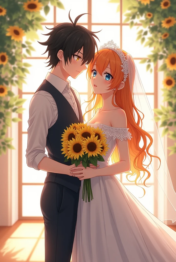 The girl with long orange hair and blue eyes wore a luxurious white off-the-shoulder wedding dress, held a wedding bouquet made from a bouquet of sunflowers, and wore a lace fabric on her head. She was standing next to a guy with slightly messy black hair, yellow eyes, cold face, wearing a vest and holding the girl's waist. The surrounding landscape is a room with lots of light and glass windows. anime character