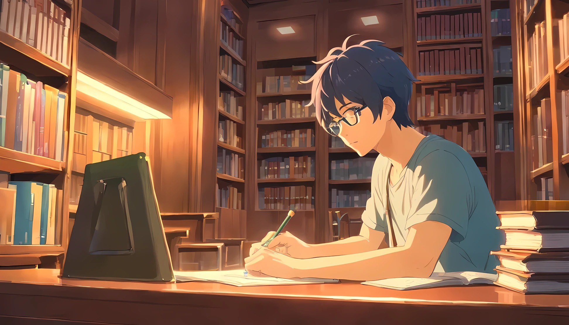 A man is sitting in a library studying,Miroir demi-corps