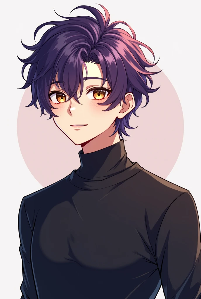 Handsome male with curly purple hair and slightly tanned skin with amber eyes and freckles wearing a black long-sleeved shirt with genshin impact drawing style
