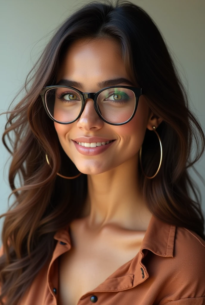 Portrait photo ultra réaliste d'une belle femme latine avec des lunettes, d'environ 30-35 ans. Cheveux bruns, légèrement ondulés, yeux vert-marron clair, belle bouche naturelle, visage charismatique.