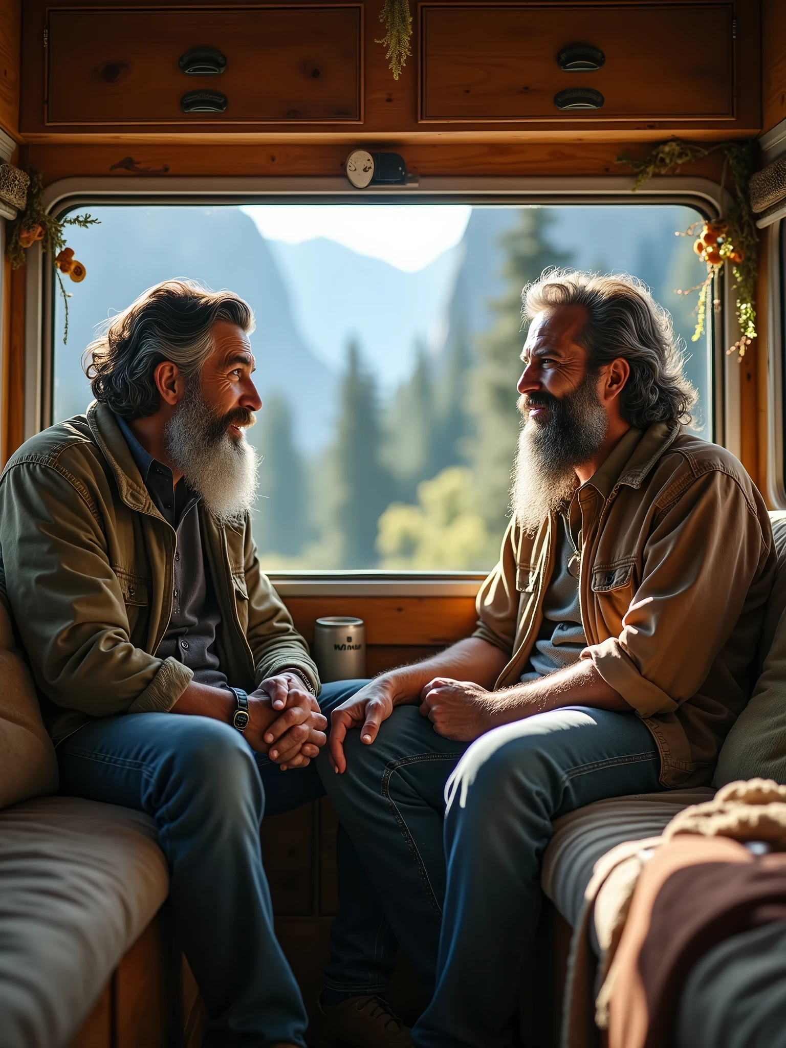 two old friends (30 years old brazillian face) with beards talking inside a campervan in the yosemite park