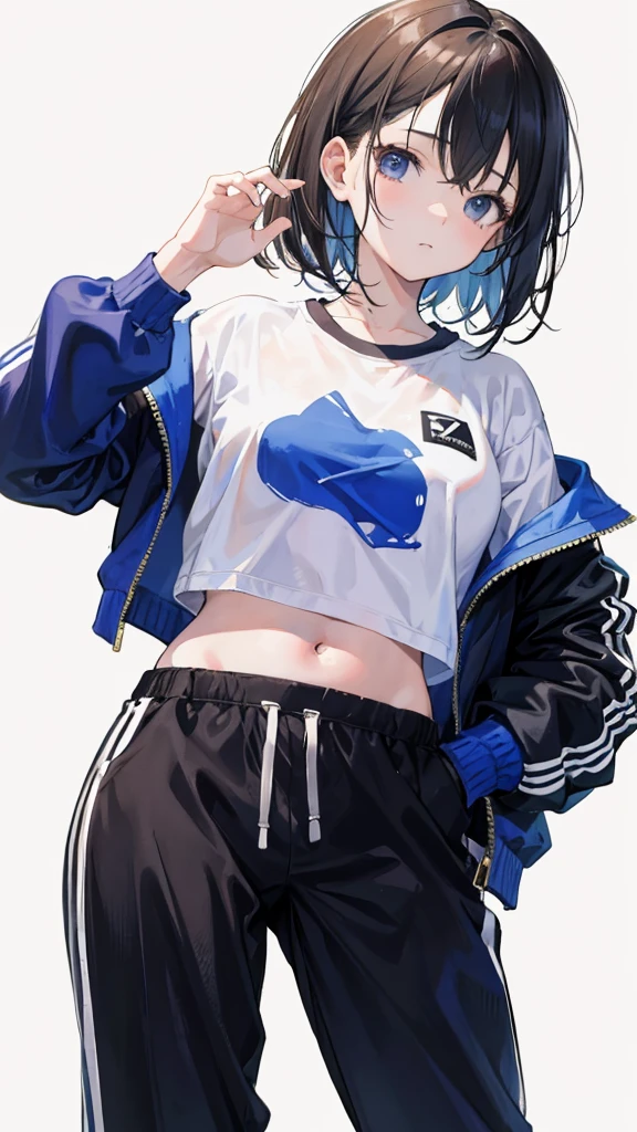 (Realistic painting style:1.0), Masterpiece, Best quality, absurderes, comic strip, illustration,
1 girl, Medium hair, Cute girl, young and cute girl, Korean girl, {Breasts}, Width 17, 
A girl in a white shirt and black shorts, Wearing track suit, croptop, trending on r/Street attire, She is seen wearing streetwear pieces, Wearing track suit, Sportswear,