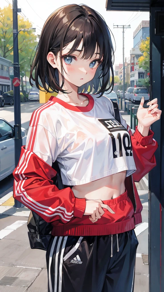 (Realistic painting style:1.0), Masterpiece, Best quality, absurderes, comic strip, illustration,
1 girl, Medium hair, Cute girl, young and cute girl, Korean girl, {Breasts}, Width 17, 
A girl in a white shirt and black shorts, Wearing track suit, croptop, trending on r/Street attire, She is seen wearing streetwear pieces, Wearing track suit, Sportswear,