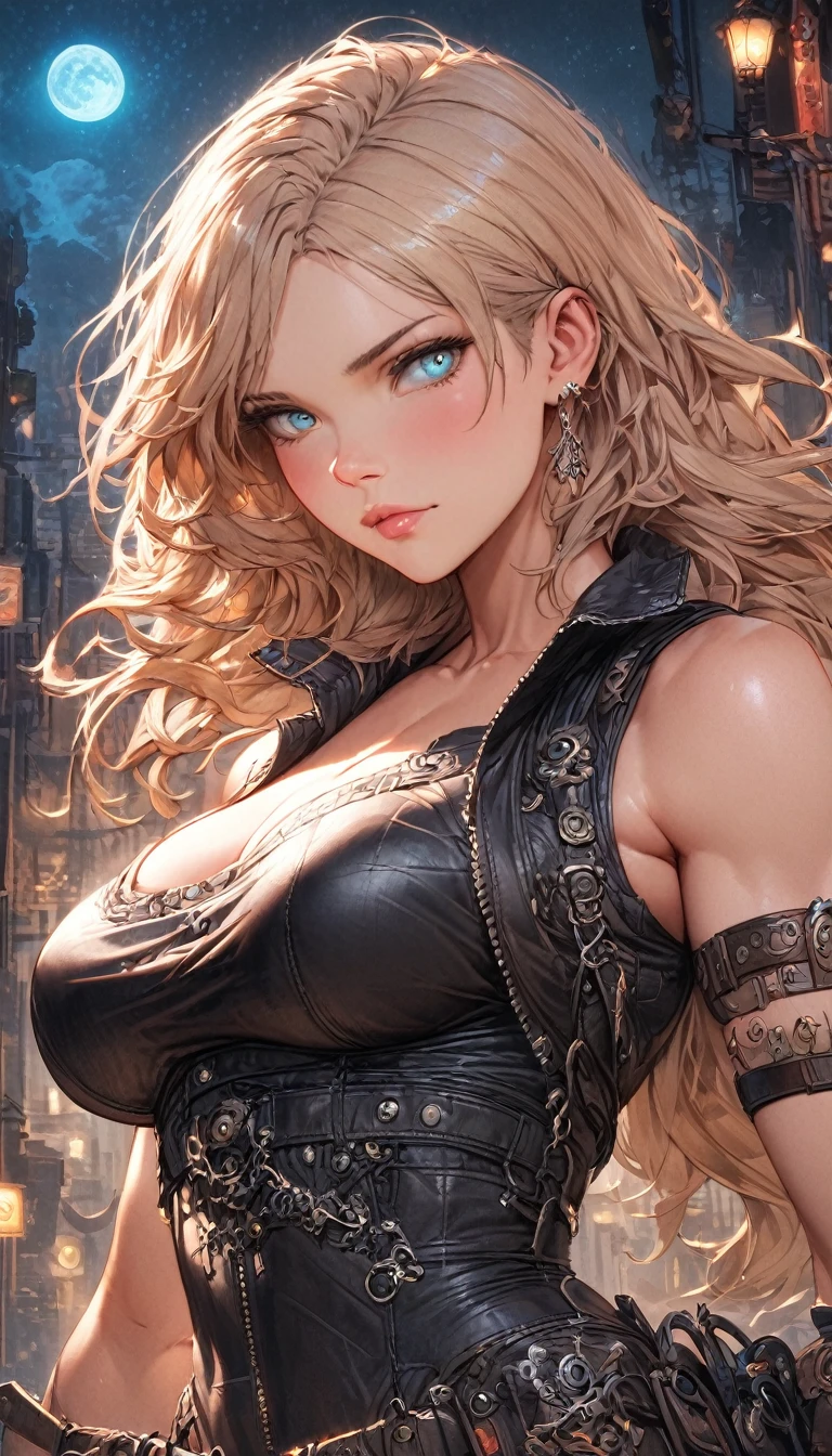 best quality,4k,8k,highres,masterpiece:1.2),ultra-detailed, extremely detailed eyes, extremely detailed body, (large masterpiece digital art), (detailed manga illustration), (detailed line art), ((perfect anatomy)), (intricate details:1.3), (ultra-detailed:1.3), (illustration:1.3), (sharp focus:1.3), (natural lighting:1.05), (vivid colors:1.3), (masterpiece), (best quality:1.4), (perfect anatomy:1.4), high quality, expressive eyes, full body, detailed face, beautiful face, perfect face, 1 girl, muscular, tall girl, large breasts, long hair, light brown hair, straight hair, low ponytail, detailed hair, ((casual clothes)), grey t-shirt, (vest), open vest, (blue pants), denim pants, pale skin, aquamarine eyes, splash art, curvy, black combat boots, cinematic lighting, dramatic atmosphere, Atey Ghailan, Jeremy Mann, Greg Manchess, Antonio Moro, trend in ArtStation, trend in CGSociety, Intricate, High Detail, Sharp focus, dramatic and photorealistic painting art by Midjourney and Greg Rutkowski, Jeff Bridges, ((cartoon style)), Marvel Cinematic Universe style, (((Night sky in the background))),